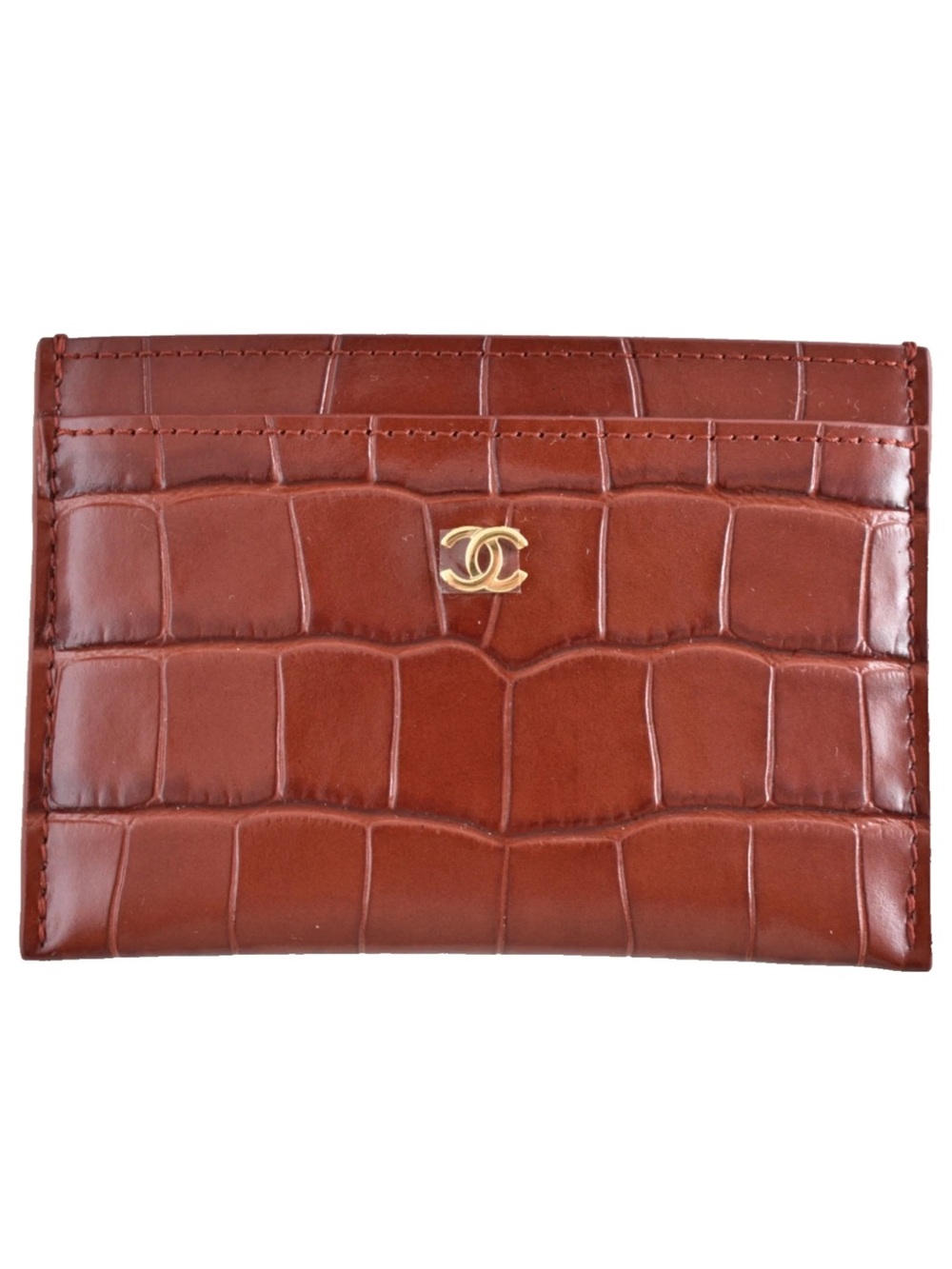 Chanel 26S Burgundy Red Crocodile Embossed Croc Gold Credit Card Holder Wallet